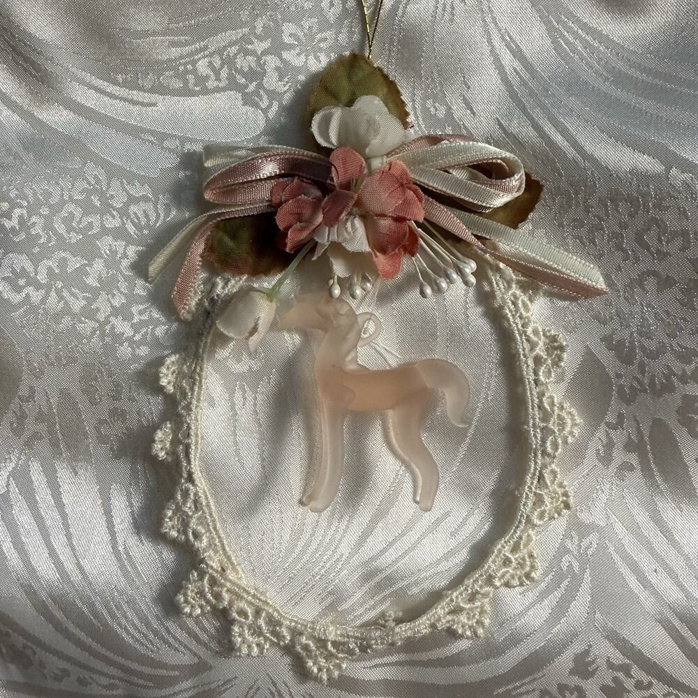 VTG Pink Frosted Blown Glass Mini Unicorn Ornament Crochet Lace Ring Flowers